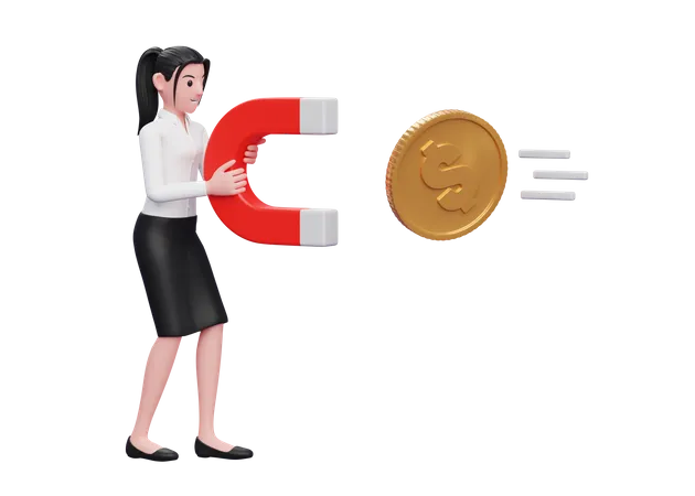 Businesswoman attract money using magnet 3D Illustration