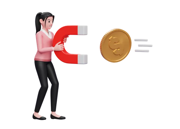 Sweet Girl In Pink Sweater Standing Attract Money Using Magnet 3 D Illustration Of A Business Woman In Pink Sweater Holding Dollar Coin 3D Illustration