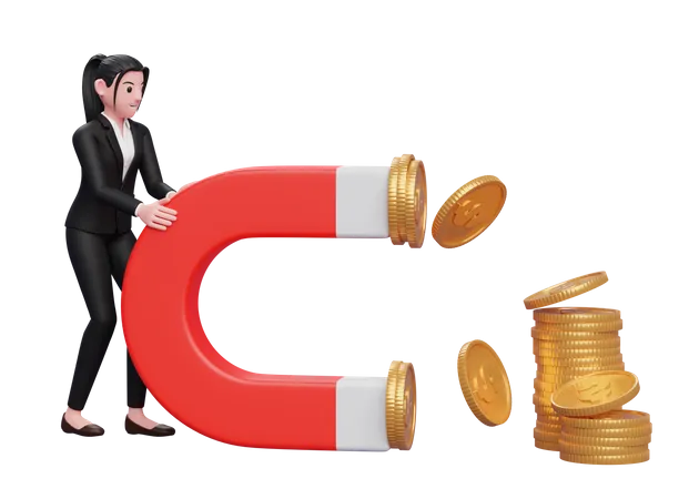 Businesswoman In Formal Suit Attract Money Using Big Magnet 3 D Illustration Of A Business Woman Black Suit Sweater Holding Dollar Coin 3D Illustration