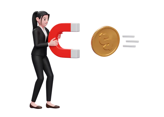Businesswoman In Formal Suit Standing Attract Money Using Magnet 3 D Illustration Of A Business Woman Black Suit Sweater Holding Dollar Coin 3D Illustration