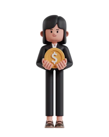 3 D Illustration Of Cartoon Businesswoman Carrying Dollar Coins 3D Illustration