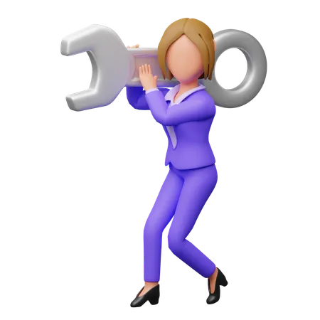 Businesswoman Carrying Wrench  3D Illustration