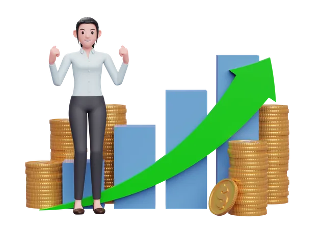 Business Woman In Blue Shirt Celebrating With Clenched Fists In Front Of Positive Growing Bar Chart With Coin Ornament 3D Illustration