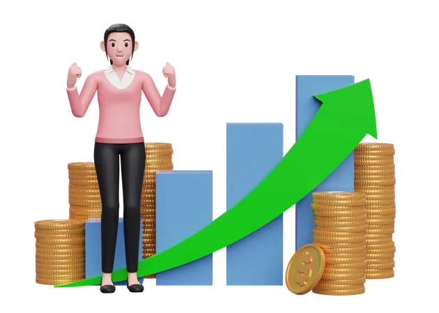 Sweet Girl In Pink Sweater Celebrating Gesture In Front Of Positive Growing Bar Chart With Coin Ornament 3 D Illustration Of A Business Woman In Sweater Holding Dollar Coin 3D Illustration