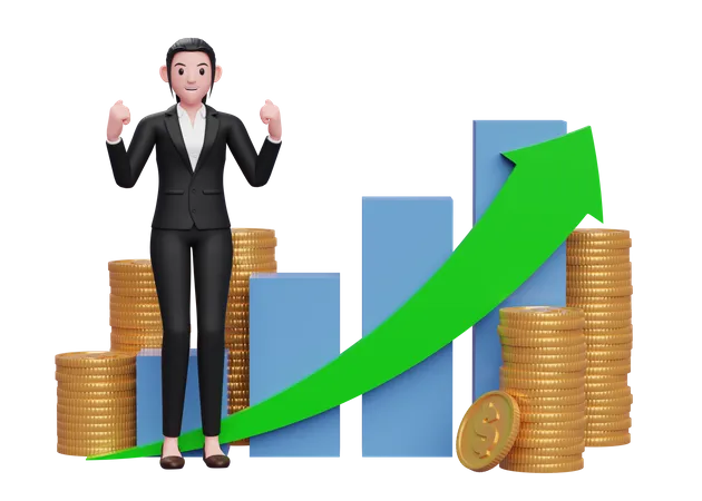 Businesswoman In Formal Suit Celebrating Gesture In Front Of Positive Growing Bar Chart With Coin Ornament 3 D Illustration Of A Business Woman Black Suit Sweater Holding Dollar Coin 3D Illustration