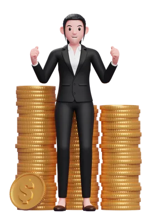 Happy Business Woman In Black Formal Suit Getting Lots Of Piles Of Gold Coins 3 D Illustration Of A Business Woman In A Black Suit Holding Dollar Coin 3D Illustration