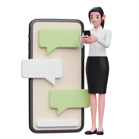 Smart Girl Is Typing On The Phone Beside A Big Phone With Bubble Chat Ornament 3 D Render Character Illustration 3D Illustration