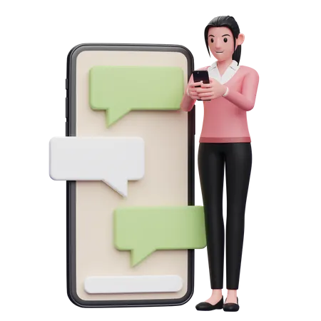 Cute Woman Is Typing On The Phone Beside A Big Phone With Bubble Chat Ornament 3D Illustration