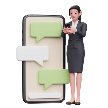 Business Woman In Formal Suit Typing On The Phone Beside A Big Phone With Bubble Chat Ornament 3 D Render Character Illustration 3D Illustration