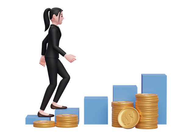 Businesswoman climbing stairs towards financial freedom  3D Illustration