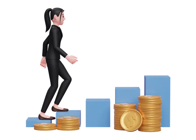 Businesswoman climbing stairs towards financial freedom  3D Illustration