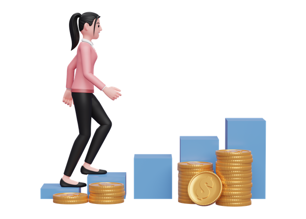 Businesswoman climbing stairs towards financial freedom  3D Illustration