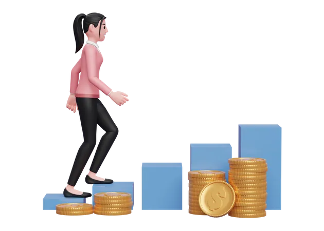 Businesswoman climbing stairs towards financial freedom  3D Illustration