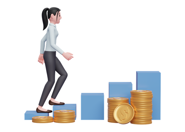 Businesswoman climbing stairs towards financial freedom  3D Illustration