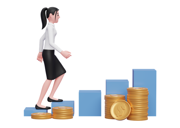 Businesswoman climbing stairs towards financial freedom  3D Illustration