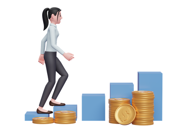 Businesswoman climbing stairs towards financial freedom 3D Illustration