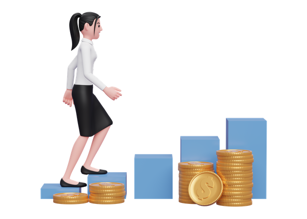 Businesswoman climbing stairs towards financial freedom 3D Illustration