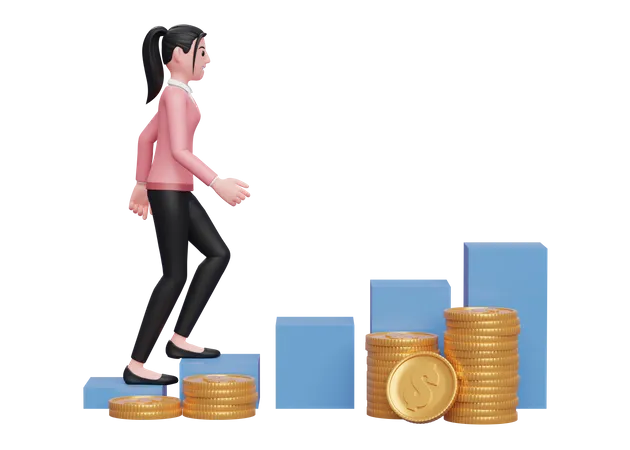Sweet Girl In Pink Sweater Climbing Stairs Towards Financial Freedom 3 D Illustration Of A Business Woman In Pink Sweater Holding Dollar Coin 3D Illustration
