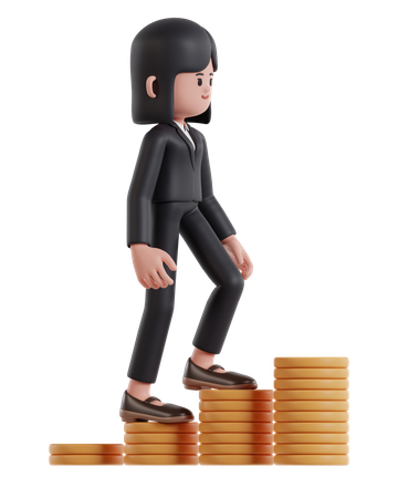 Businesswoman climbing up on chart of dollar coins  3D Illustration