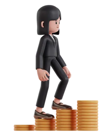 Businesswoman climbing up on chart of dollar coins  3D Illustration