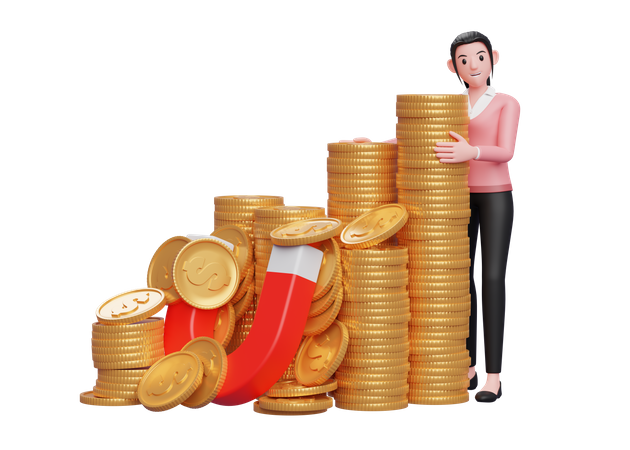 Businesswoman collected capital for business 3D Illustration