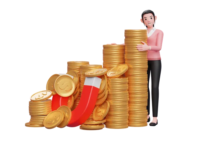 Businesswoman In Pink Sweater Raising Capital With Magnets For Business 3 D Illustration Of A Business Woman In Pink Sweater Holding Dollar Coin 3D Illustration