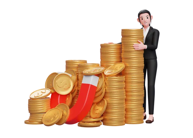Businesswoman In Formal Suit Raising Capital With Magnets For Business 3 D Illustration Of A Business Woman Black Suit Sweater Holding Dollar Coin 3D Illustration