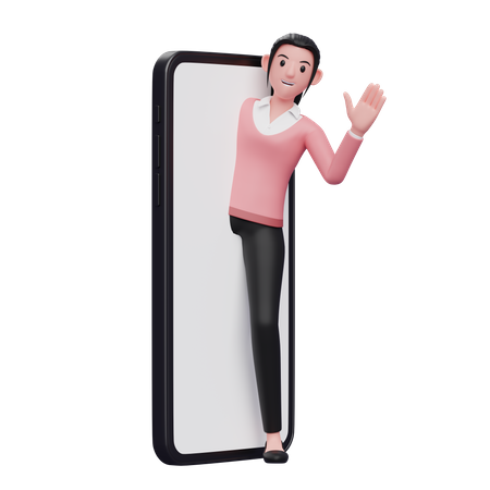 Businesswoman coming out of phone screen and waiving hand  3D Illustration