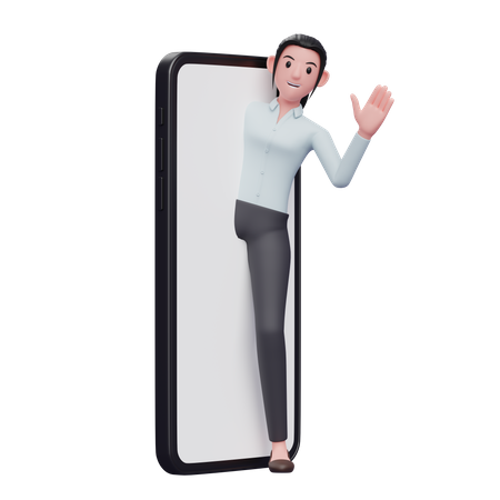 Businesswoman coming out of phone screen and waiving hand  3D Illustration