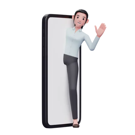 Businesswoman coming out of phone screen and waiving hand 3D Illustration