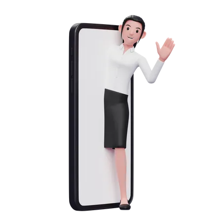 Businesswoman coming out of phone screen and waiving hand 3D Illustration