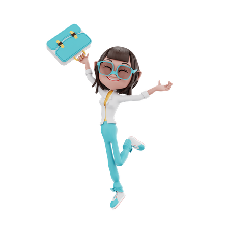 Businesswoman dancing with briefcase 3D Illustration