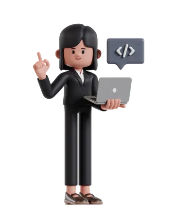 3 D Illustration Of Cartoon Businesswoman Developing Website On Laptop 3D Illustration