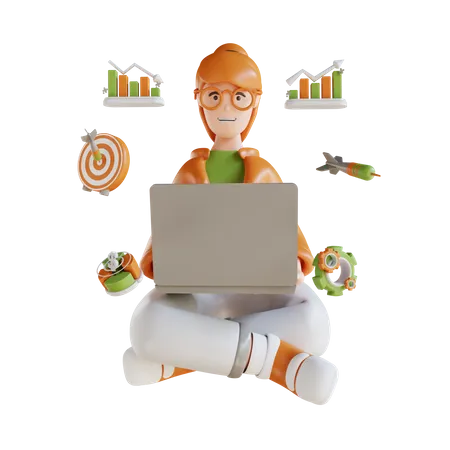Business Woman Sitting With Laptop Appearance  3D Illustration