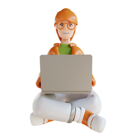 Business Woman Sitting With Laptop 3D Illustration