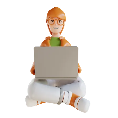 Business Woman Sitting With Laptop  3D Illustration