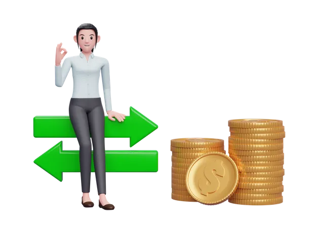 Business Woman In Blue Dress Sitting On Exchange Rate Icon With Hand Gesture Ok Finger 3D Illustration