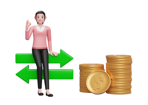 Sweet Girl In Pink Sweater Feeling Positive About Exchange Rate 3 D Illustration Of A Business Woman In Pink Sweater Holding Dollar Coin 3D Illustration