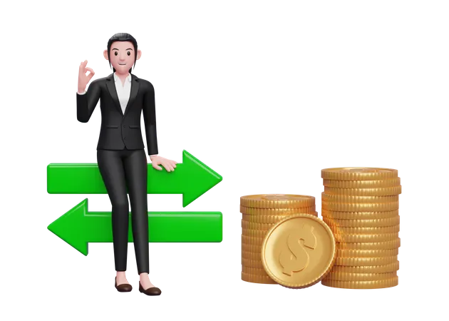 Businesswoman In Formal Suit Feeling Positive About Exchange Rate 3 D Illustration Of A Business Woman Black Suit Sweater Holding Dollar Coin 3D Illustration