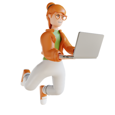 Business Woman Flying Holding Laptop  3D Illustration