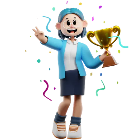 Businesswoman Getting Best Worker Trophy  3D Illustration