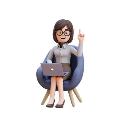 ソファに座ってノートパソコンで仕事をしながらアイデアを思いつくビジネスウーマン  3D Illustration