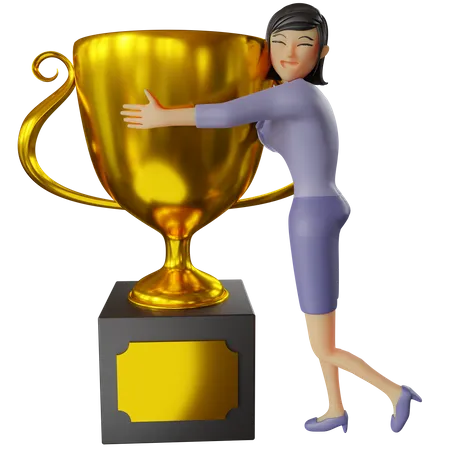 Businesswoman getting trophy  3D Illustration