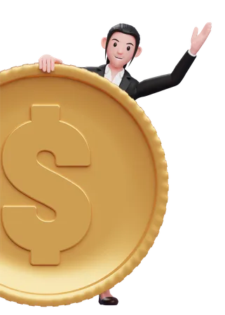 Businesswoman give peek from behind the coin  3D Illustration