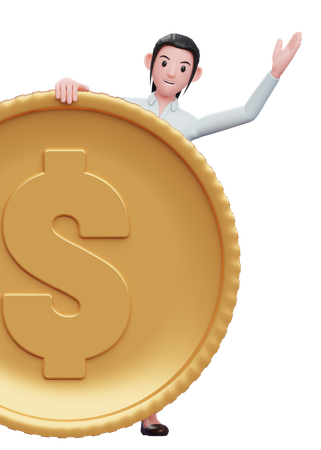 Businesswoman give peek from behind the coin  3D Illustration