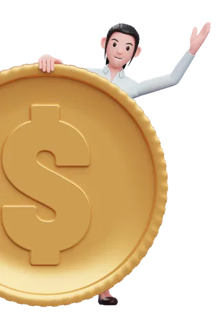 Businesswoman give peek from behind the coin  3D Illustration