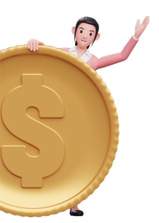 Businesswoman give peek from behind the coin  3D Illustration