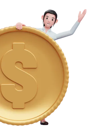 Business Woman In A Blue Shirt Peek Behind The Big Coin 3 D Illustration Of A Business Woman In A Blue Shirt Holding Dollar Coin 3D Illustration