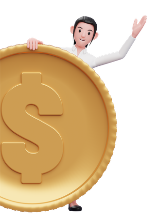 Businesswoman give peek from behind the coin 3D Illustration