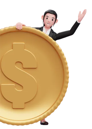 Business Woman In A Black Suit Peek Behind The Big Coin 3 D Illustration Of A Business Woman In A Black Suit Holding Dollar Coin 3D Illustration